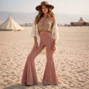 Free People Flare Pants Womens L Rose Gold Ribbed Metallic Shimmer Boho Disco